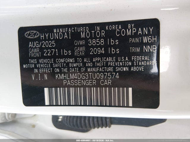 45904901 :رقم المزاد ، KMHLM4DG3TU097574 vin ، 2026 Hyundai Elantra Sel Sport مزاد بيع