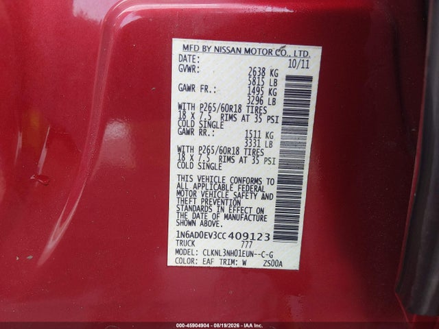 Продажа на аукционе авто 2012 Nissan Frontier Sl, vin: 1N6AD0EV3CC409123, номер лота: 45904904