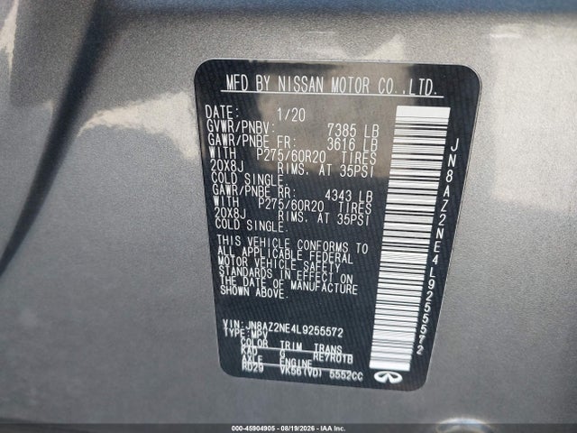 Aukcja sprzedaży 2020 Infiniti Qx80 Luxe Awd, vin: JN8AZ2NE4L9255572, numer aukcji: 45904905