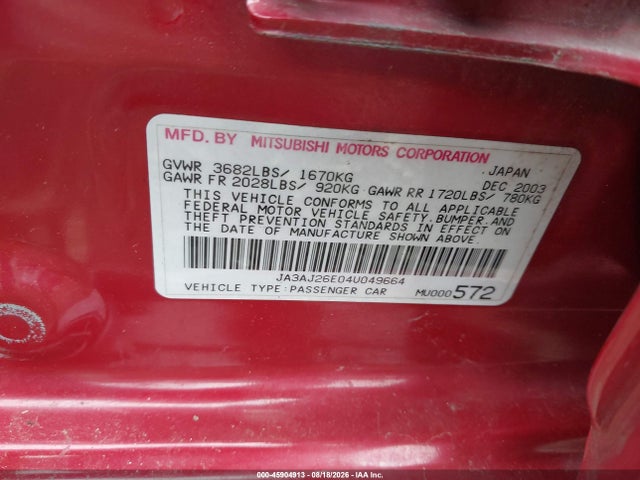 Aukcja sprzedaży 2004 Mitsubishi Lancer Es, vin: JA3AJ26E04U049664, numer aukcji: 45904913