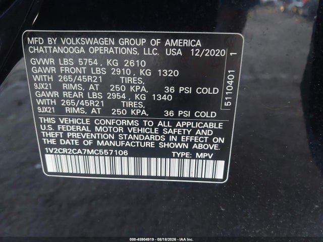 Продажа на аукционе авто 2021 Volkswagen Atlas 3.6l V6 Sel R-line, vin: 1V2CR2CA7MC557106, номер лота: 45904919