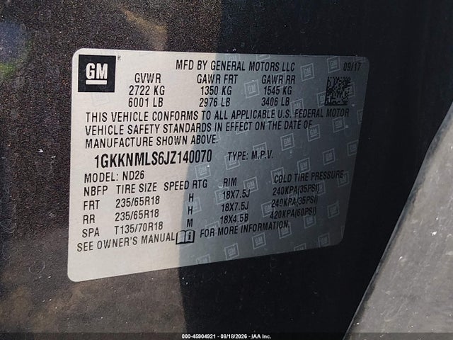 Aukcja sprzedaży 2018 Gmc Acadia Slt-1, vin: 1GKKNMLS6JZ140070, numer aukcji: 45904921