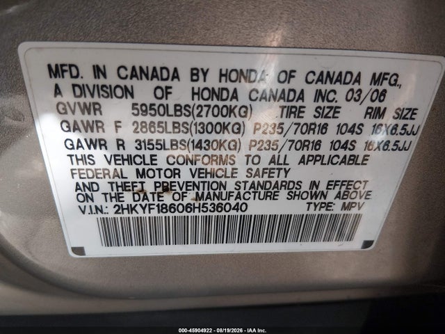 2006 Honda Pilot Ex-l მანქანა იყიდება აუქციონზე, vin: 2HKYF18606H536040, აუქციონის ნომერი: 45904922