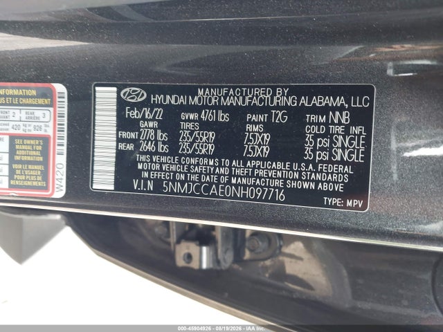 2022 Hyundai Tucson Sel მანქანა იყიდება აუქციონზე, vin: 5NMJCCAE0NH097716, აუქციონის ნომერი: 45904926