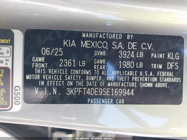 Продаж на аукціоні авто 2025 Kia K4 Lxs, vin: 3KPFT4DE9SE169944, номер лоту: 45904928