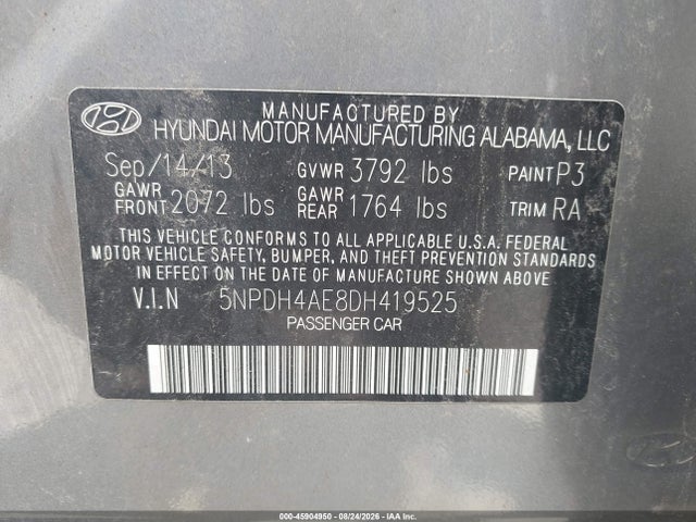 2013 Hyundai Elantra Gls მანქანა იყიდება აუქციონზე, vin: 5NPDH4AE8DH419525, აუქციონის ნომერი: 45904950