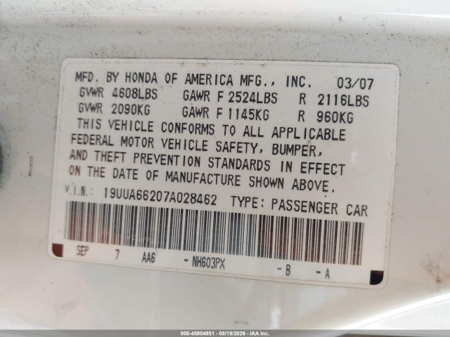 45904951 :رقم المزاد ، 19UUA66207A028462 vin ، 2007 Acura Tl 3.2 مزاد بيع