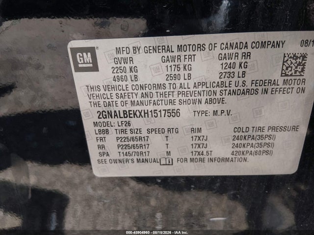 45904960 :رقم المزاد ، 2GNALBEKXH1517556 vin ، 2017 Chevrolet Equinox Ls مزاد بيع