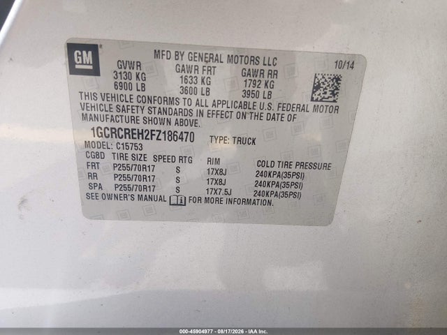 Продаж на аукціоні авто 2015 Chevrolet Silverado 1500 Lt, vin: 1GCRCREH2FZ186470, номер лоту: 45904977