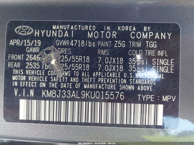 45904978 :رقم المزاد ، KM8J33AL9KU015576 vin ، 2019 Hyundai Tucson Sel مزاد بيع
