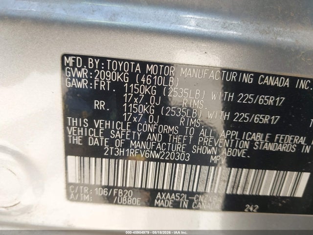 Продаж на аукціоні авто 2022 Toyota Rav4 Le, vin: 2T3H1RFV6NW220303, номер лоту: 45904979