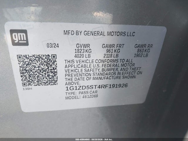 45904985 :رقم المزاد ، 1G1ZD5ST4RF191926 vin ، 2024 Chevrolet Malibu Fwd 1lt مزاد بيع