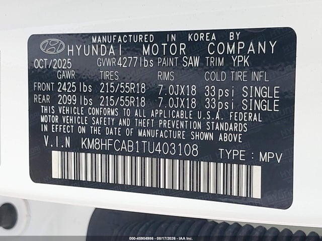 Auction sale of the 2026 Hyundai Kona Sel Sport, vin: KM8HFCAB1TU403108, lot number: 45904986