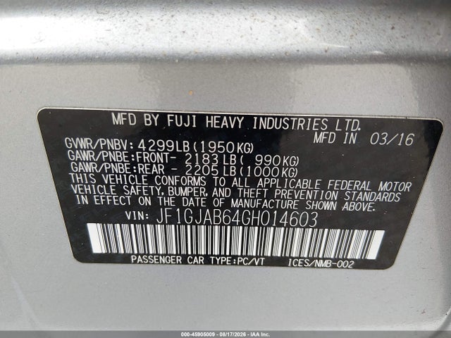 2016 Subaru Impreza 2.0i Premium მანქანა იყიდება აუქციონზე, vin: JF1GJAB64GH014603, აუქციონის ნომერი: 45905009