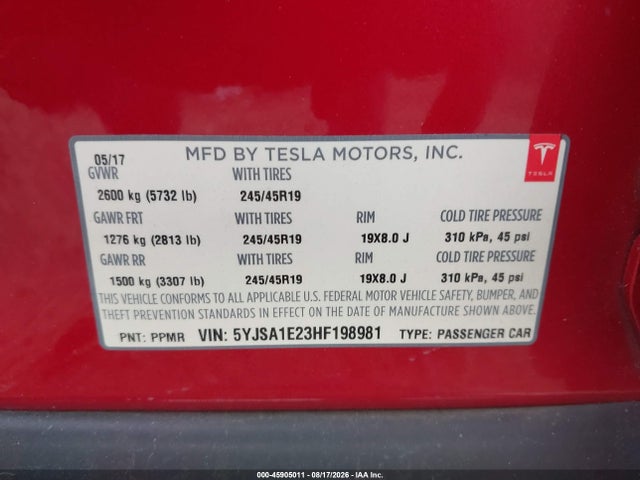Tesla Model S 100d/60d/75d/90d/p100d 2017 5YJSA1E23HF198981 Image 9