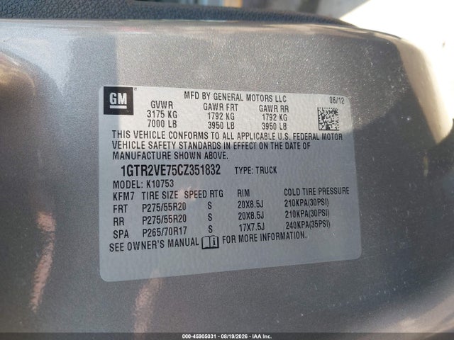 Auction sale of the 2012 Gmc Sierra 1500 Sle, vin: 1GTR2VE75CZ351832, lot number: 45905031