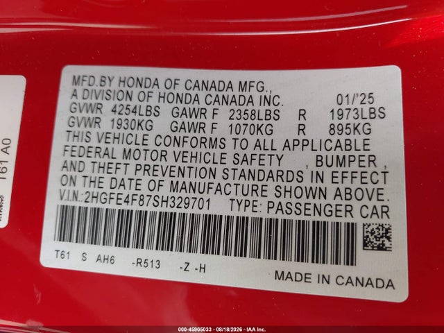 Aukcja sprzedaży 2025 Honda Civic Hybrid Sport/sport Touring, vin: 2HGFE4F87SH329701, numer aukcji: 45905033