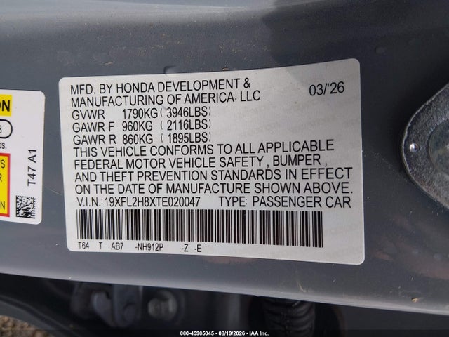 Продаж на аукціоні авто 2026 Honda Civic Sport, vin: 19XFL2H8XTE020047, номер лоту: 45905045