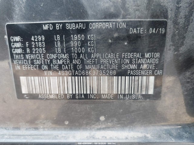45905061 :رقم المزاد ، 4S3GTAD68K3735269 vin ، 2019 Subaru Impreza 2.0i Premium مزاد بيع