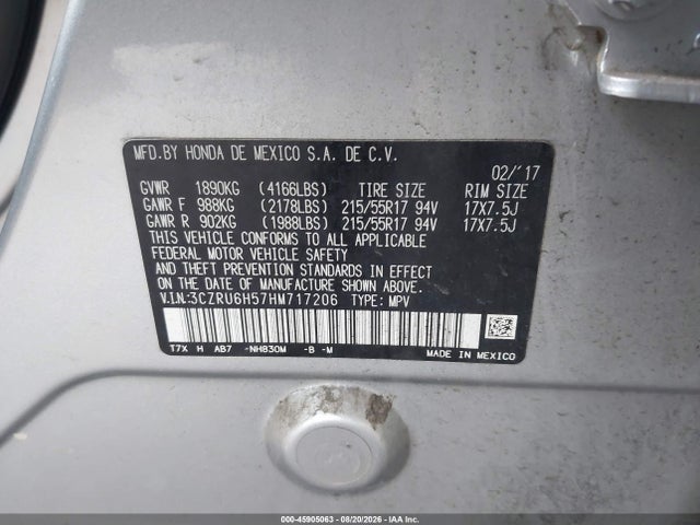 45905063 :رقم المزاد ، 3CZRU6H57HM717206 vin ، 2017 Honda Hr-v Ex مزاد بيع
