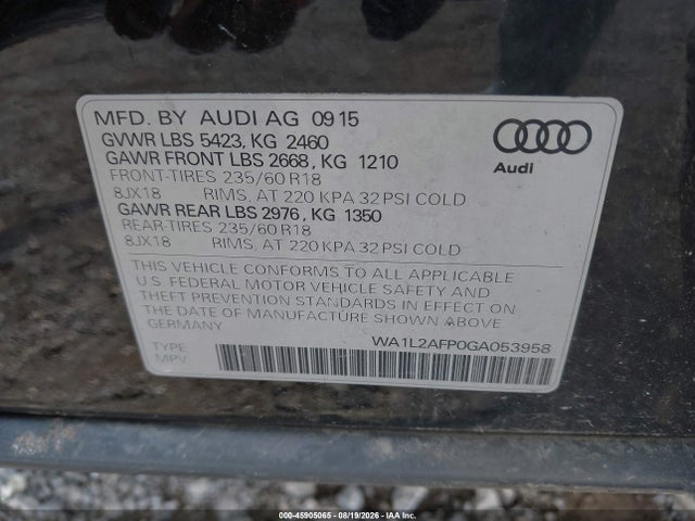 Aukcja sprzedaży 2016 Audi Q5 2.0t Premium, vin: WA1L2AFP0GA053958, numer aukcji: 45905065