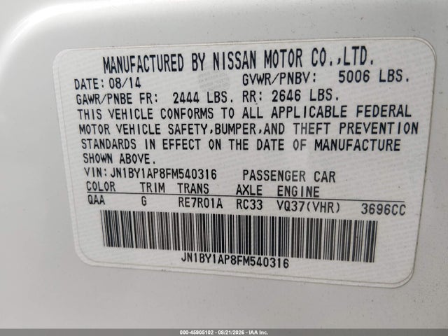 45905102 :رقم المزاد ، JN1BY1AP8FM540316 vin ، 2015 Infiniti Q70 3.7 مزاد بيع