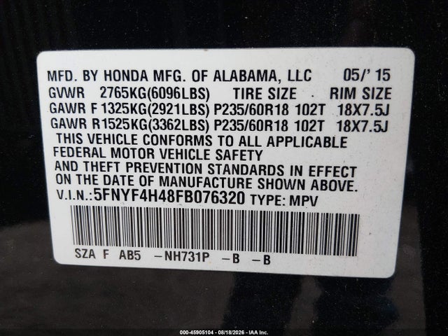 Aukcja sprzedaży 2015 Honda Pilot Ex, vin: 5FNYF4H48FB076320, numer aukcji: 45905104