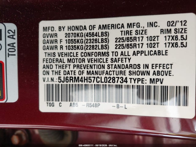 Продаж на аукціоні авто 2012 Honda Cr-v Ex, vin: 5J6RM4H57CL028734, номер лоту: 45905111