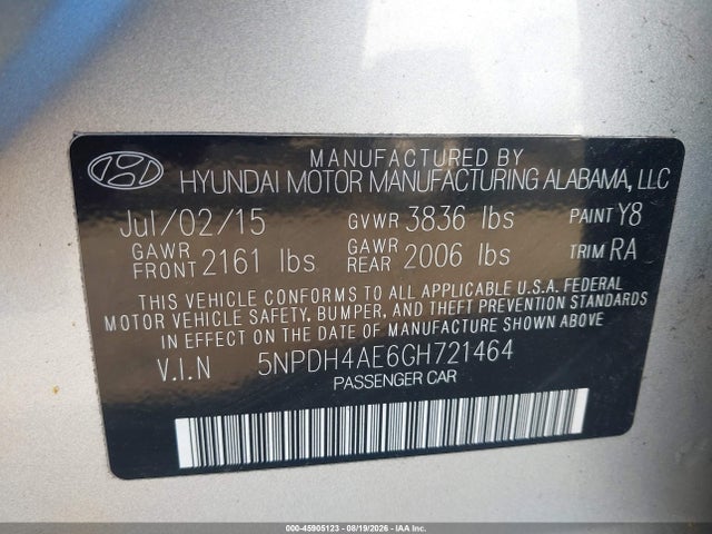 Продажа на аукционе авто 2016 Hyundai Elantra Se, vin: 5NPDH4AE6GH721464, номер лота: 45905123