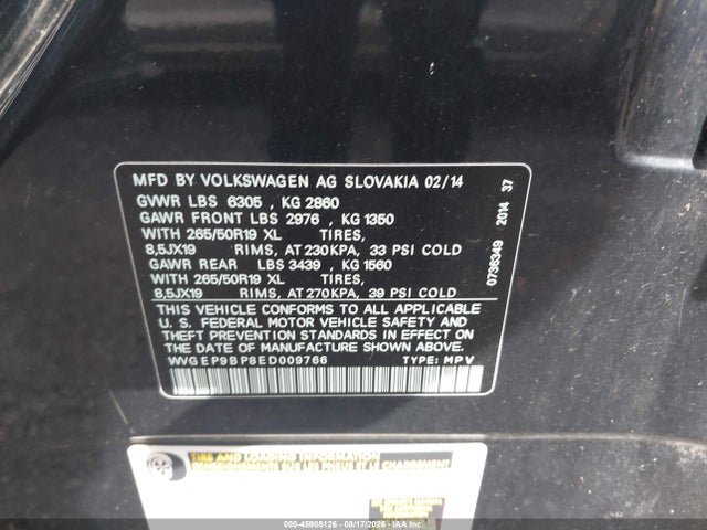 Aukcja sprzedaży 2014 Volkswagen Touareg X, vin: WVGEP9BP8ED009766, numer aukcji: 45905126