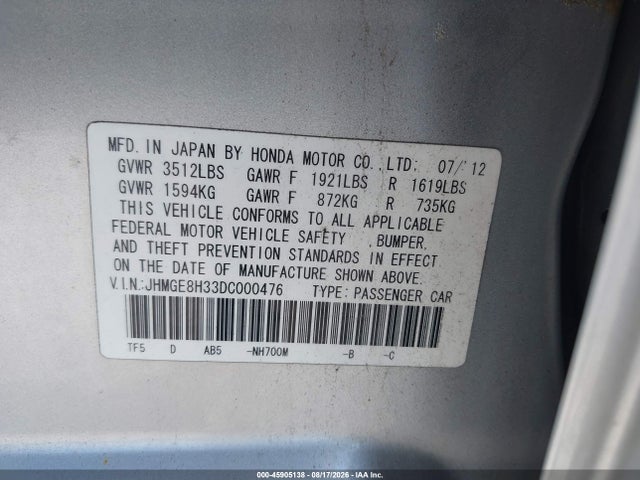 Продаж на аукціоні авто 2013 Honda Fit, vin: JHMGE8H33DC000476, номер лоту: 45905138