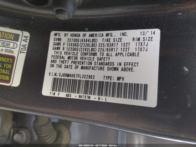 Honda CR-V EX 2015 5J6RM4H57FL002963 Image 9