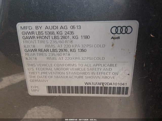 Продажа на аукционе авто 2013 Audi Q5 2.0t Premium, vin: WA1LFAFP2DA101041, номер лота: 45905145