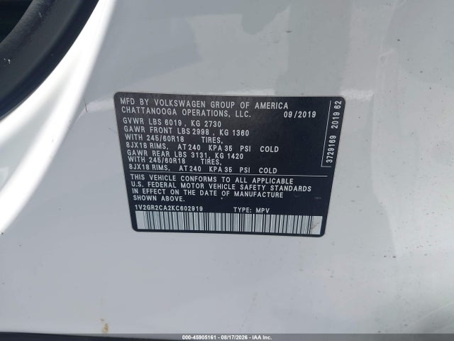 45905161 :رقم المزاد ، 1V2GR2CA2KC602919 vin ، 2019 Volkswagen Atlas 3.6l V6 S مزاد بيع