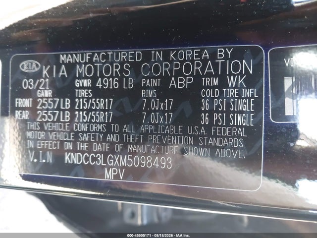 2021 Kia Niro Ev Ex მანქანა იყიდება აუქციონზე, vin: KNDCC3LGXM5098493, აუქციონის ნომერი: 45905171
