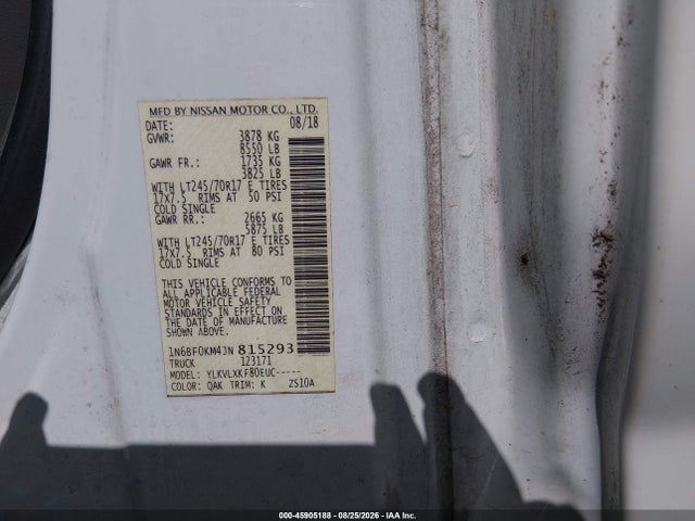 45905188 :رقم المزاد ، 1N6BF0KM4JN815293 vin ، 2018 Nissan Nv Cargo Nv1500 Sv V6 مزاد بيع