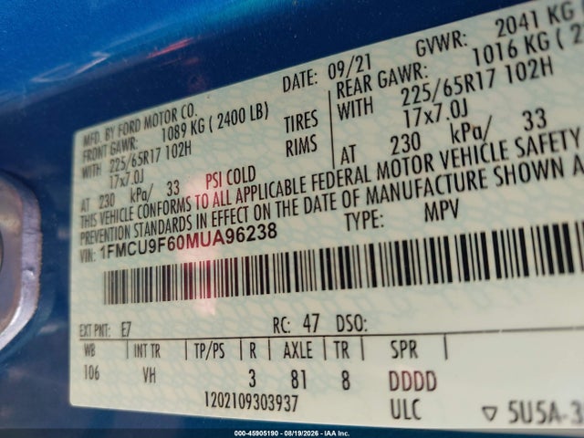 Продажа на аукционе авто 2021 Ford Escape S, vin: 1FMCU9F60MUA96238, номер лота: 45905190