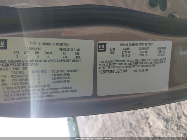 Продаж на аукціоні авто 2001 Cadillac Seville Sts, vin: 1G6KY54921U275146, номер лоту: 45905195