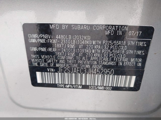 2018 Subaru Forester 2.5i Premium მანქანა იყიდება აუქციონზე, vin: JF2SJAEC3JH452950, აუქციონის ნომერი: 45905199