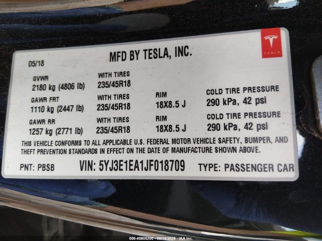 45905200 :رقم المزاد ، 5YJ3E1EA1JF018709 vin ، 2018 Tesla Model 3 مزاد بيع