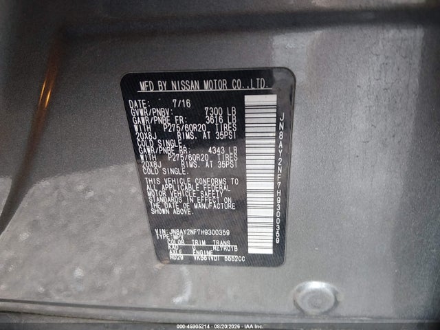 Aukcja sprzedaży 2017 Nissan Armada Platinum, vin: JN8AY2NF7H9300359, numer aukcji: 45905214