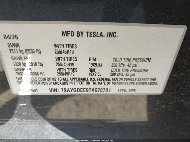 Продаж на аукціоні авто 2026 Tesla Model Y All-wheel Drive/long Range Launch Series/premium All-wheel Drive, vin: 7SAYGDEE9TA678701, номер лоту: 45905223