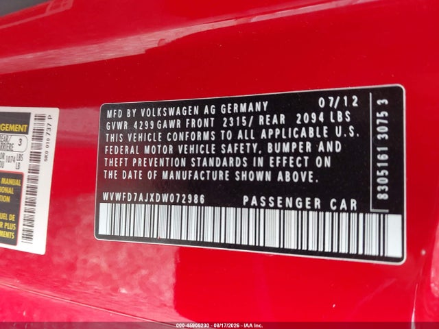 2013 Volkswagen Gti 2-door მანქანა იყიდება აუქციონზე, vin: WVWFD7AJXDW072986, აუქციონის ნომერი: 45905230