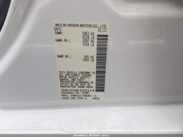 Продажа на аукционе авто 2022 Nissan Altima Sr Fwd, vin: 1N4BL4CV1NN339154, номер лота: 45905234