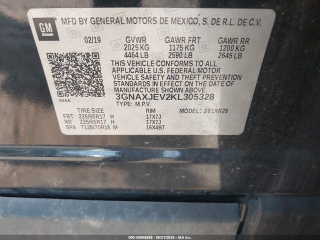 45905269 :رقم المزاد ، 3GNAXJEV2KL305328 vin ، 2019 Chevrolet Equinox Lt مزاد بيع