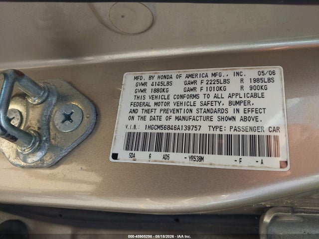 Auction sale of the 2006 Honda Accord 2.4 Ex, vin: 1HGCM56846A139757, lot number: 45905298