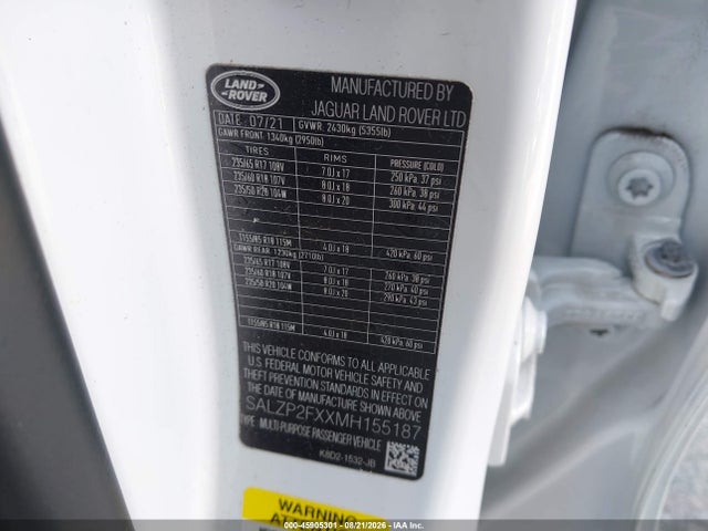 Aukcja sprzedaży 2021 Land Rover Range Rover Evoque Se, vin: SALZP2FXXMH155187, numer aukcji: 45905301