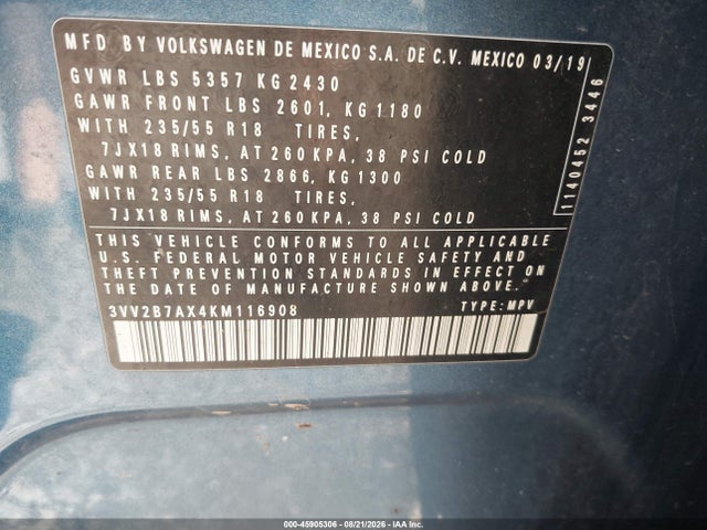 2019 Volkswagen Tiguan 2.0t Se/2.0t Sel/2.0t Sel R-line/2.0t Sel R-line Black მანქანა იყიდება აუქციონზე, vin: 3VV2B7AX4KM116908, აუქციონის ნომერი: 45905306