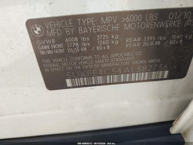 Aukcja sprzedaży 2010 Bmw X5 Xdrive30i, vin: 5UXFE4C54AL382736, numer aukcji: 45905312
