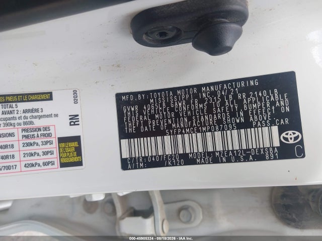 2021 Toyota Corolla Se მანქანა იყიდება აუქციონზე, vin: 5YFP4MCE1MP087095, აუქციონის ნომერი: 45905324